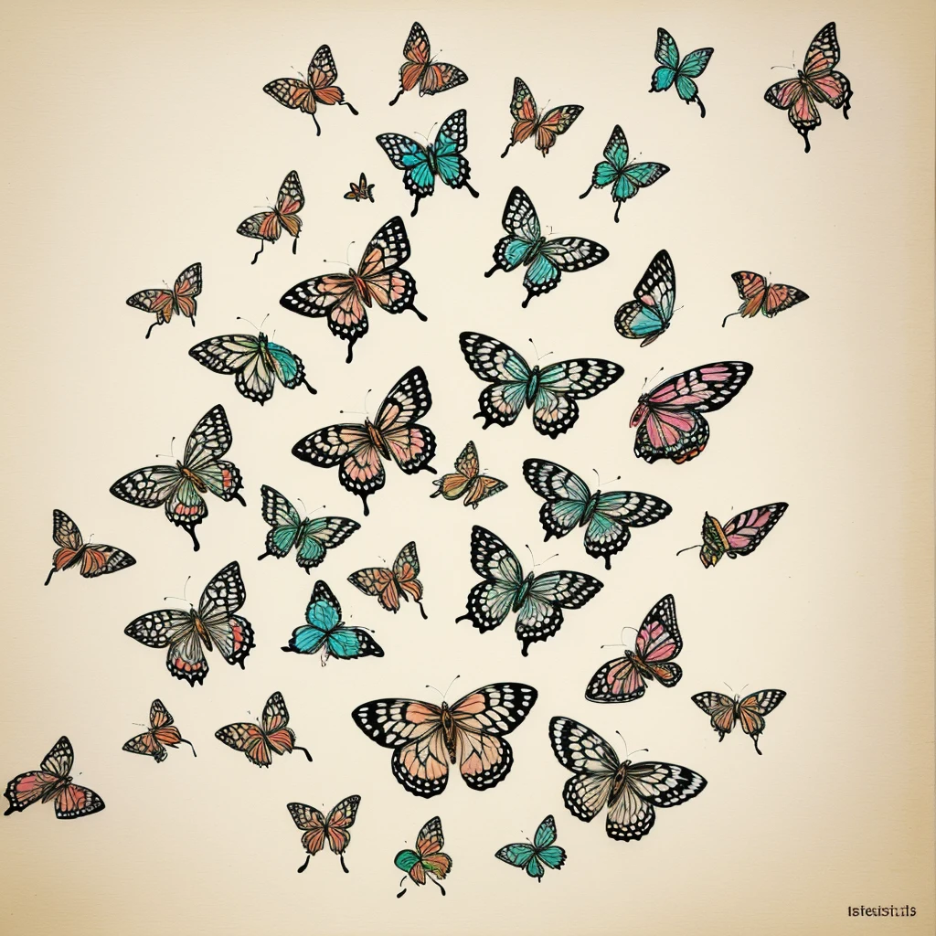 "A delicate, hand-drawn illustration of various butterflies fluttering around blooming flowers in a garden. The flowers are detailed with intricate petals and leaves, and the butterflies are vibrant and colorful."
