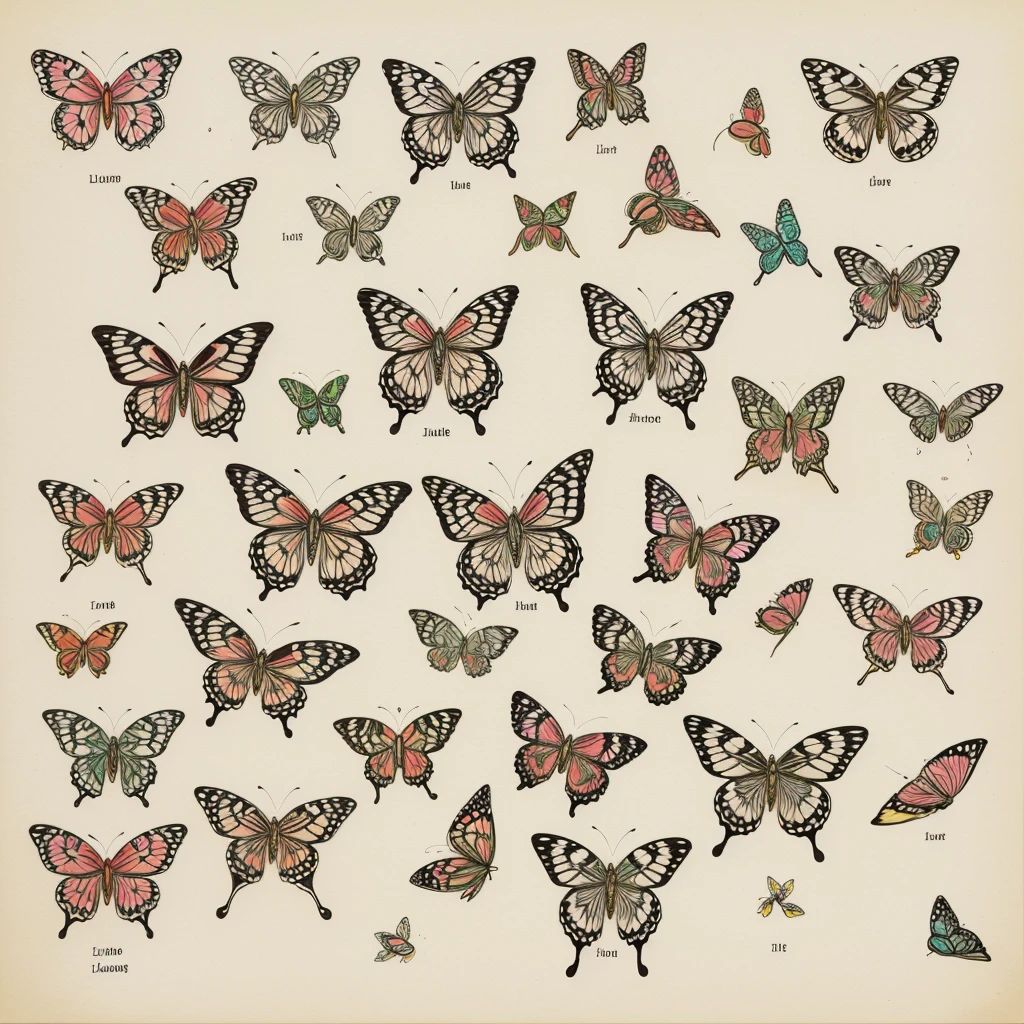 "A delicate, hand-drawn illustration of various butterflies fluttering around blooming flowers in a garden. The flowers are detailed with intricate petals and leaves, and the butterflies are vibrant and colorful."
