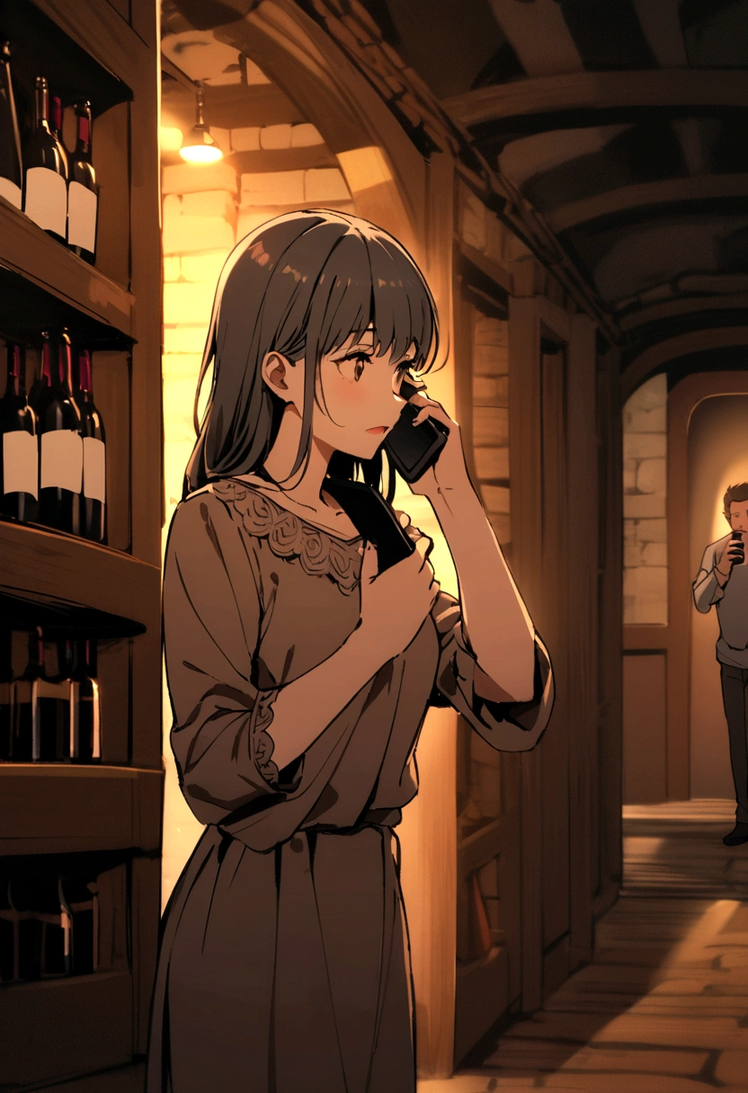 Talking on the cell phone, in a wine cellar, brown casual wool blouse, with gray casual shirt.