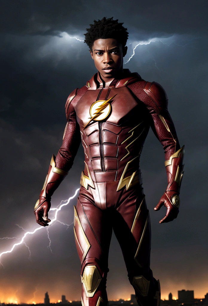 A realistic depiction of a 22-year-old African American Barry Allen, a.k.a. The Flash, running through an apocalyptic world, determined to save the universe from evil villains. Hyper-realistic, focusing on detailed textures and lifelike portrayal. Emphasis on the intensity and urgency of Barry's mission with dramatic lighting and atmospheric effects.A devastated urban landscape, the remnants of a once-great city now in ruins. Skyscrapers are partially collapsed, vehicles are abandoned and overturned, and fires rage unchecked. The sky is a tumultuous mix of dark storm clouds and lightning, casting an eerie glow over the scene.Barry Allen, captured in mid-run. His figure is sharply focused, showing every muscle and expression in vivid detail. His face shows determination and resolve, eyes set straight ahead as he races against time.A young African American man with short, tightly curled hair and an athletic build. He wears a meticulously detailed version of the Flash suit, designed with a realistic texture that suggests advanced materials and wear from previous battles. The suit is primarily red with gold accents, slightly battle-worn, but still functional.Arcs of lightning in shades of red and gold trail behind Barry, illustrating the immense speed and power he commands. The ground beneath him cracks and sparks as he runs, emphasizing the force of his movement.In the background, vague shapes of menacing villains loom, shrouded in smoke and shadows. Their presence adds a palpable sense of danger and urgency. Other elements of chaos, like flying debris and shattered glass, further enhance the apocalyptic feel.The scene is charged with tension and energy, a world on the brink of collapse but with a glimmer of hope embodied by Barry.The contrast between the dark, ruined environment and the bright, electrifying presence of Barry underscores his role as a beacon of hope.