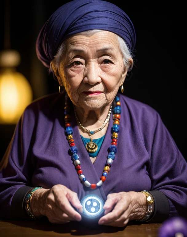 1 old lady, stock photo, sharply focused, 8k, studio lighting, vibrant colors, nikon 50mm lens, gallery quality, fortune teller