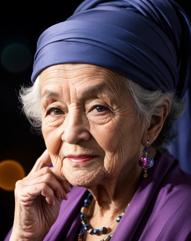 1 old lady, stock photo, sharply focused, 8k, studio lighting, vibrant colors, nikon 50mm lens, gallery quality, fortune teller