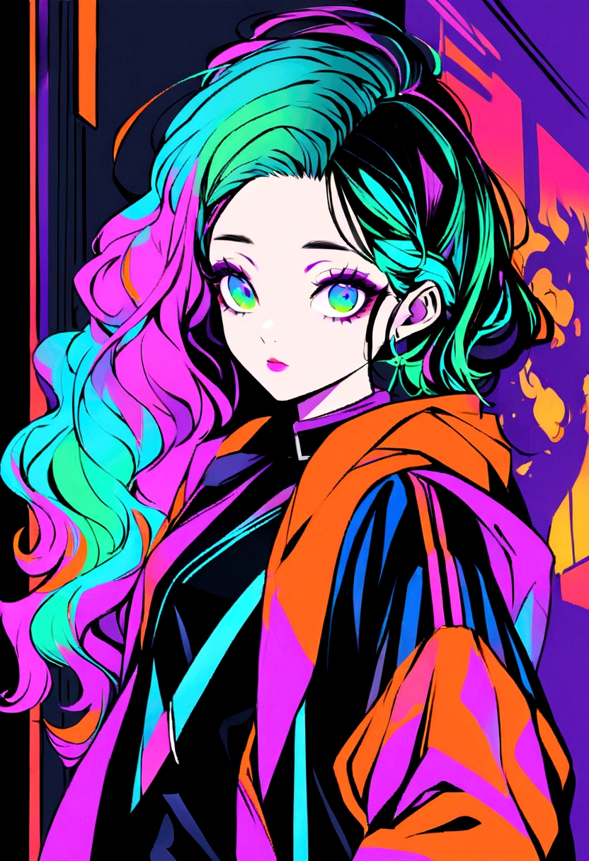 A mesmerizing digital illustration showcasing a young woman with unconventional, vibrant hair colors that blend seamlessly into one another. Her hair features a mix of bold blues, purples, fiery oranges, and electric greens, framing her face with an edgy, captivating aura. The urban background, adorned with graffiti and neon lights, enhances her style and portrays an atmosphere of freedom and urban sophistication. The artwork masterfully combines digital illustration techniques to create depth and style, while maintaining a minimalist touch that emphasizes simplicity and elegance.