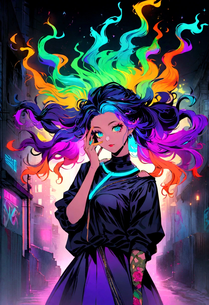A mesmerizing digital illustration showcasing a young woman with unconventional, vibrant hair colors that blend seamlessly into one another. Her hair features a mix of bold blues, purples, fiery oranges, and electric greens, framing her face with an edgy, captivating aura. The urban background, adorned with graffiti and neon lights, enhances her style and portrays an atmosphere of freedom and urban sophistication. The artwork masterfully combines digital illustration techniques to create depth and style, while maintaining a minimalist touch that emphasizes simplicity and elegance.