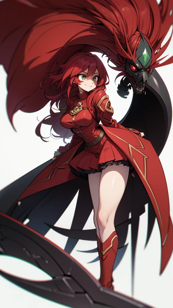 A female character with long curly hair wearing a short Ruby red colored outfit. Character wielding a black scythe. Emerald green eyes. Character with a macabre smile is scary 