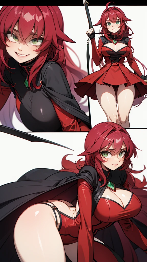 A female character with long curly hair wearing a short Ruby red colored outfit. Character wielding a black scythe. Emerald green eyes. Character with a macabre smile is scary 
