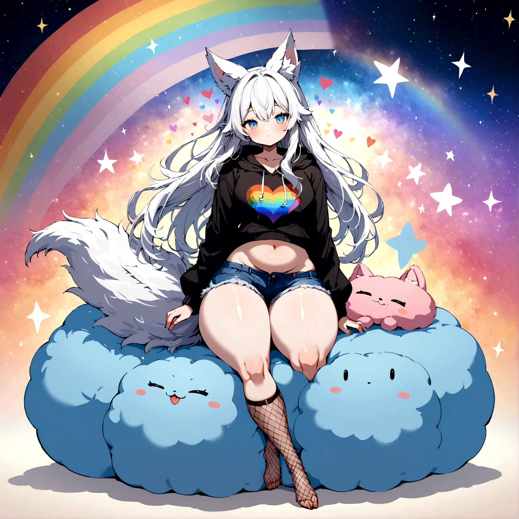 a cute adult male with wolf ears, long white hair, long locks, has a wolf tail, wearing a loose cropped black hoodie, wearing a pair of denim short shorts and fishnet stockings, thick thighs, wide hips, relaxing on mound of fluffy multi colored kawaii plushies, short, very slim, showing slender tummy, heart on hoodie, squishy thighs, has glowing blue eyes. alone, solo (ALONE)(SOLO), surrounded by rainbows, colorful galaxy backround