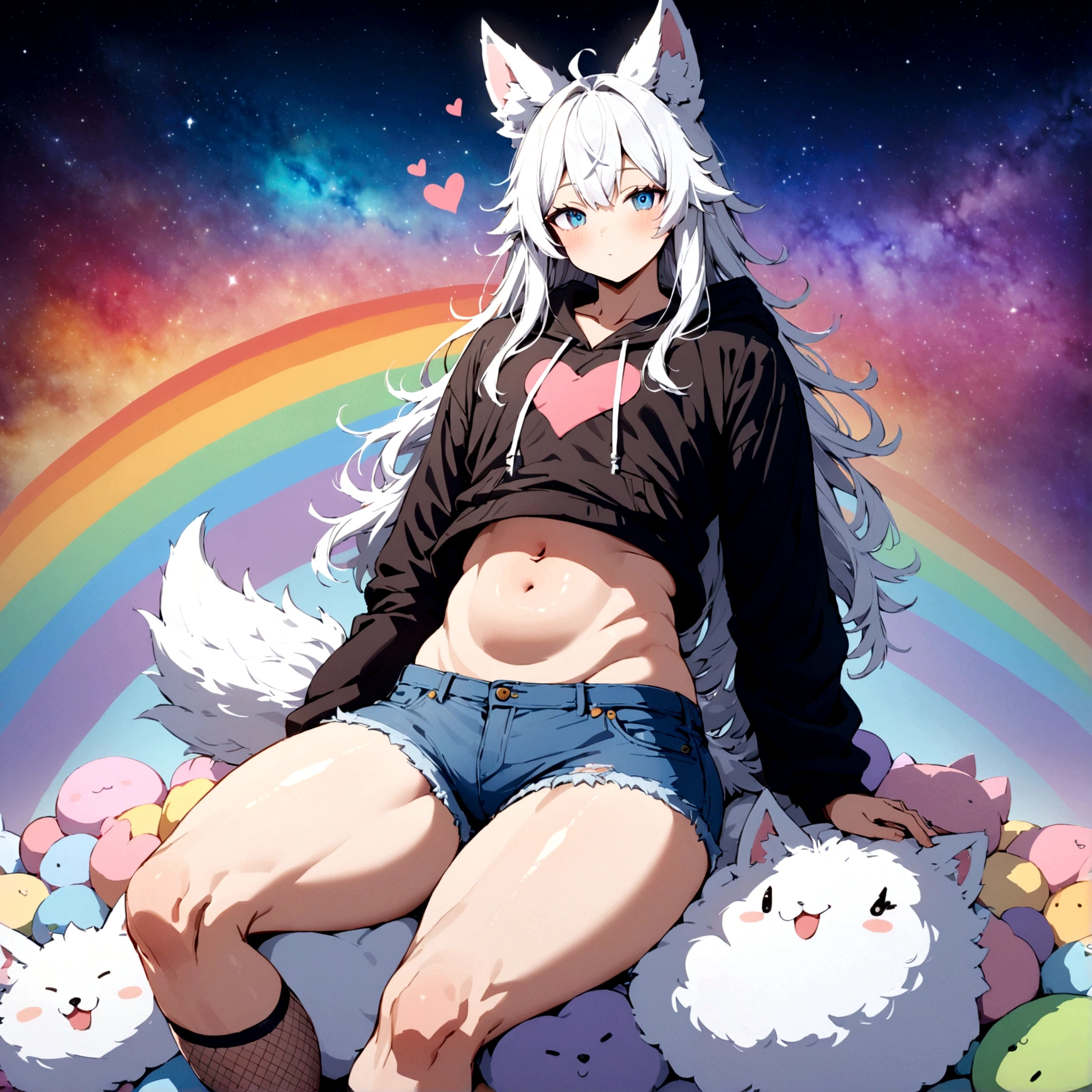 a cute adult male with wolf ears, long white hair, long locks, has a wolf tail, wearing a loose cropped black hoodie, wearing a pair of denim short shorts and fishnet stockings, thick thighs, wide hips, relaxing on mound of fluffy multi colored kawaii plushies, short, very slim, showing slender tummy, heart on hoodie, squishy thighs, has glowing blue eyes. alone, solo (ALONE)(SOLO), surrounded by rainbows, colorful galaxy backround