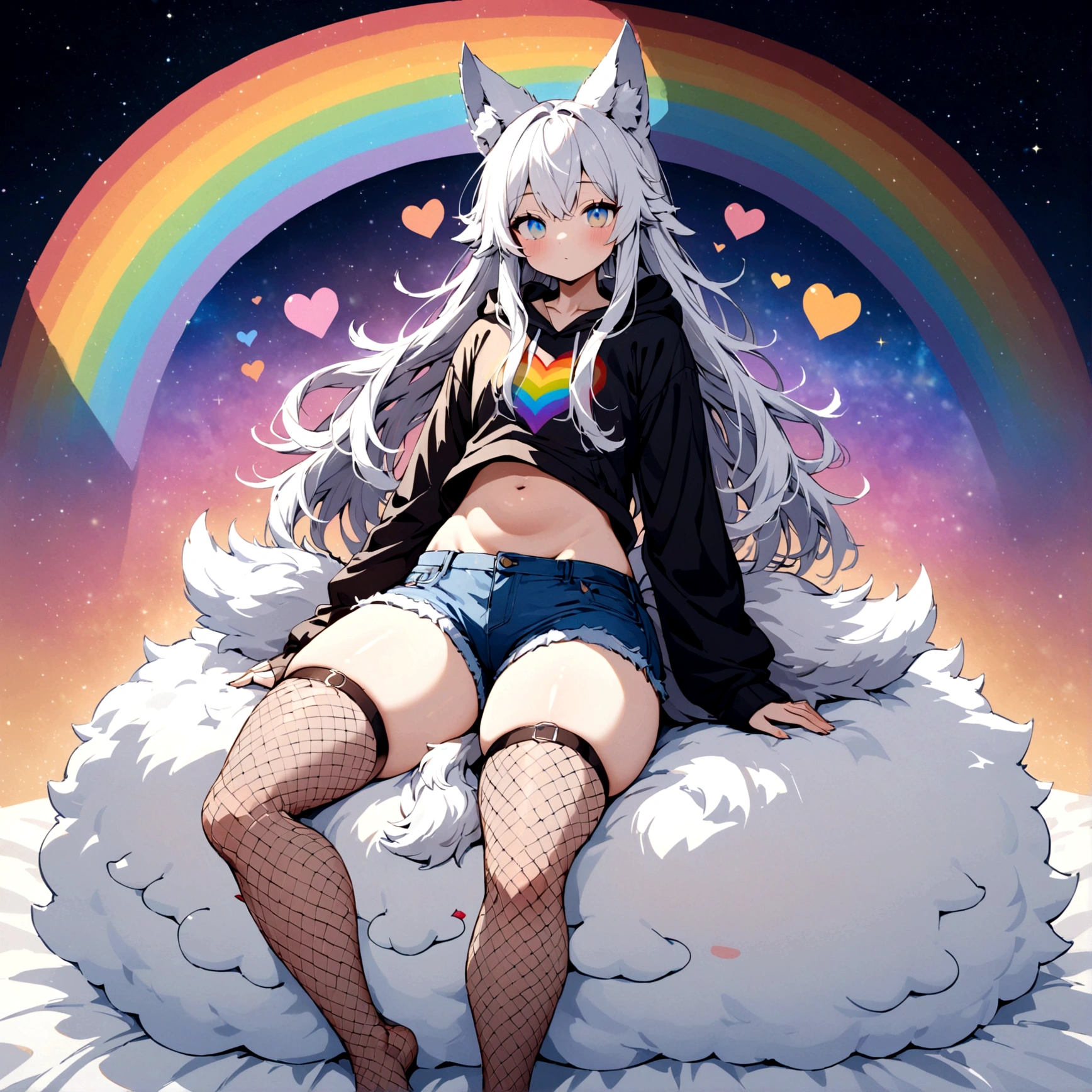 a cute adult male with wolf ears, long white hair, long locks, has a wolf tail, wearing a loose cropped black hoodie, wearing a pair of denim short shorts and fishnet stockings, thick thighs, wide hips, relaxing on mound of fluffy multi colored kawaii plushies, short, very slim, showing slender tummy, heart on hoodie, squishy thighs, has glowing blue eyes. alone, solo (ALONE)(SOLO), surrounded by rainbows, colorful galaxy backround