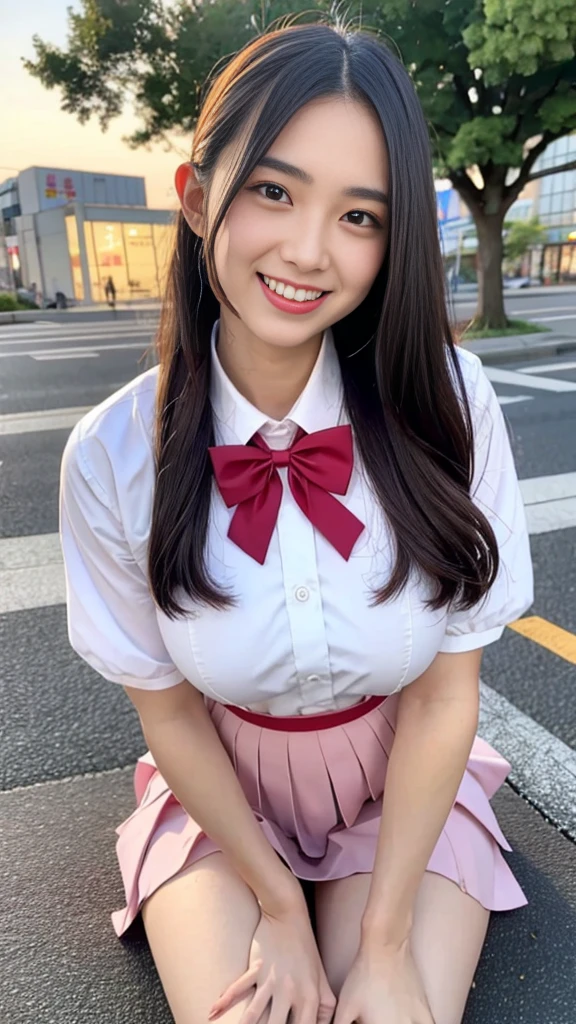 Raw photo、Ultra-realistic、Ultra detailed face、Detail lips、Detailed eyes、High school girl smiling showing her teeth、Long Hair:1.1、chest、Visible curves、Laughing with your mouth open 、Tokyo city角、 Whole body、( Slender body)、(Long Hair)、Big Breasts、Idol、(pastel colour)、18-year-old、Small face、Braid、 Tokyo city、Long beautiful legs 1.2、Curved waist、flower、uniform