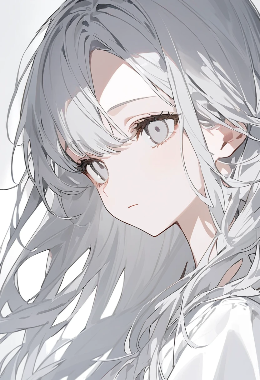 blank paper、Girl、Gray Hair、Long Hair、White eye color、All eyes are white、全体的に白いGirl、白いGirl、White background、白のGirl、White Room、blank paperのGirl、Emotionless、Expressionless