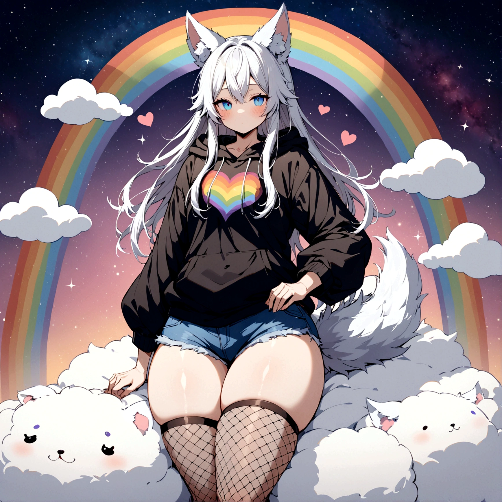 a cute adult male with wolf ears, long white hair, long locks, has a wolf tail, wearing a loose cropped black hoodie, wearing a pair of denim short shorts and fishnet stockings, thick thighs, wide hips, relaxing on mound of fluffy multi colored kawaii plushies, short, very slim, showing slender tummy, heart on hoodie, squishy thighs, has glowing blue eyes. alone, solo (ALONE)(SOLO), surrounded by rainbows, colorful galaxy backround