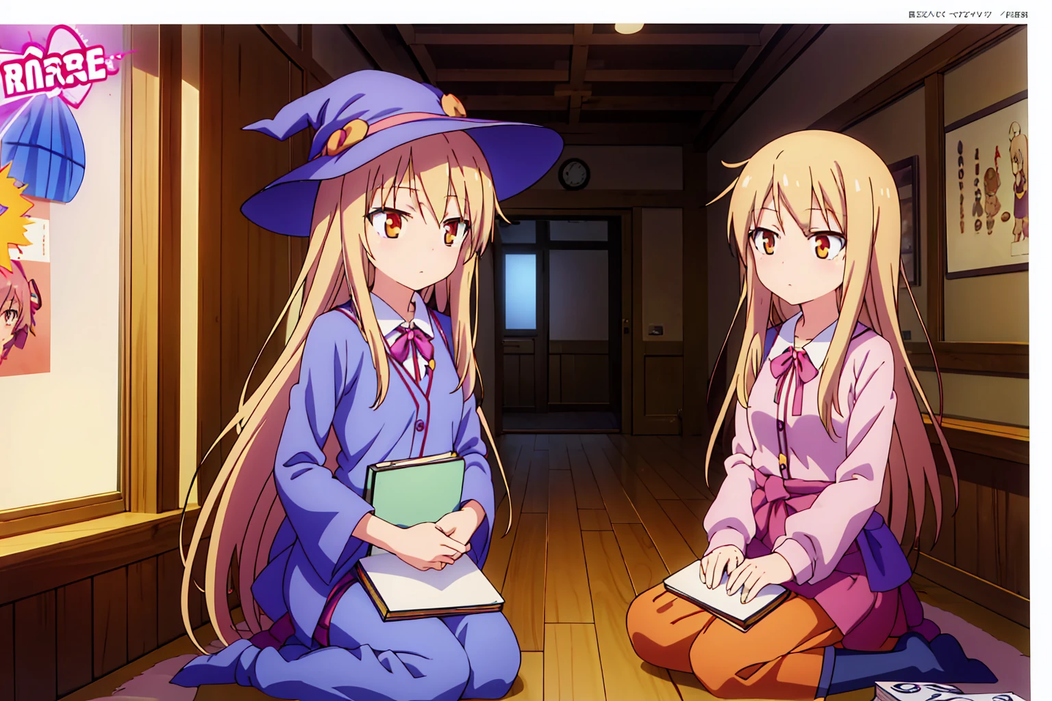 Teenage anime girl, Shiina Mashiro, Mashiro, Sakurasou anime, long blonde hair, orange eyes, expressionless, , witch outfit, magic book, Wooden room, Pictures, posters
