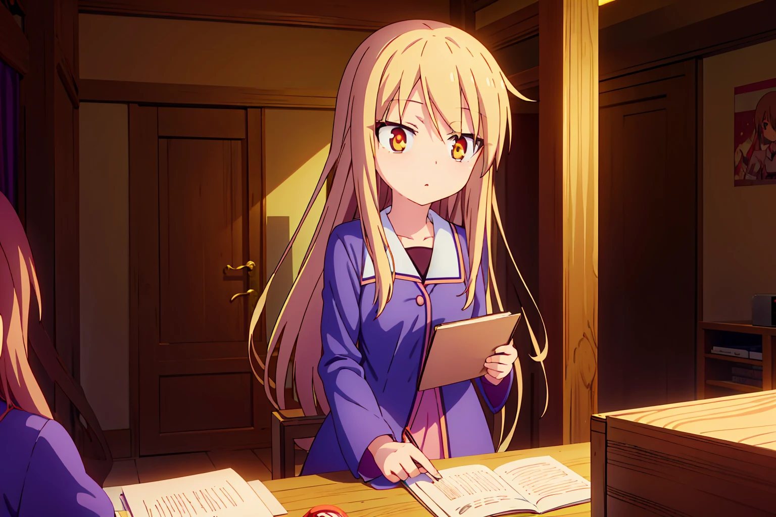 Teenage anime girl, Shiina Mashiro, Mashiro, Sakurasou anime, long blonde hair, orange eyes, expressionless, , witch outfit, magic book, Wooden room, Pictures, posters