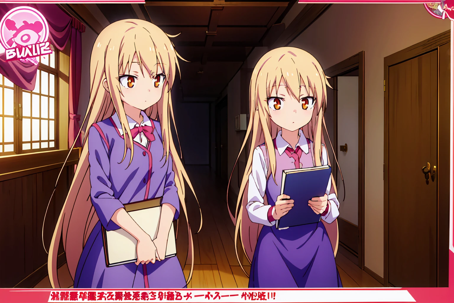 Teenage anime girl, Shiina Mashiro, Mashiro, Sakurasou anime, long blonde hair, orange eyes, expressionless, , witch outfit, magic book, Wooden room, Pictures, posters