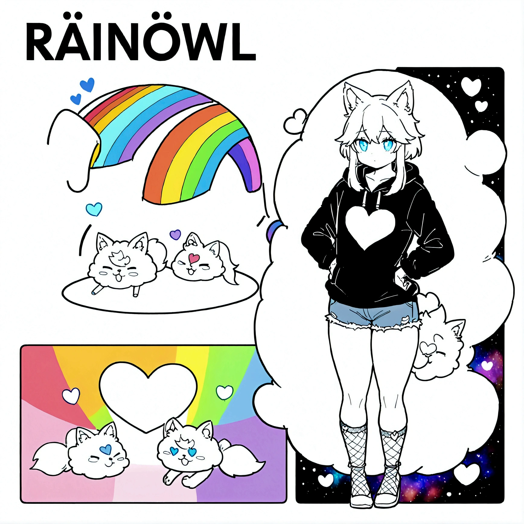 a cute adult male with wolf ears, long white hair, long locks, has a wolf tail, wearing a loose cropped black hoodie, wearing a pair of denim short shorts and fishnet stockings, thick thighs, wide hips, relaxing on mound of fluffy multi colored kawaii plushies, short, very slim, showing slender tummy, heart on hoodie, squishy thighs, has glowing blue eyes. alone, solo (ALONE)(SOLO), surrounded by rainbows, colorful galaxy backround