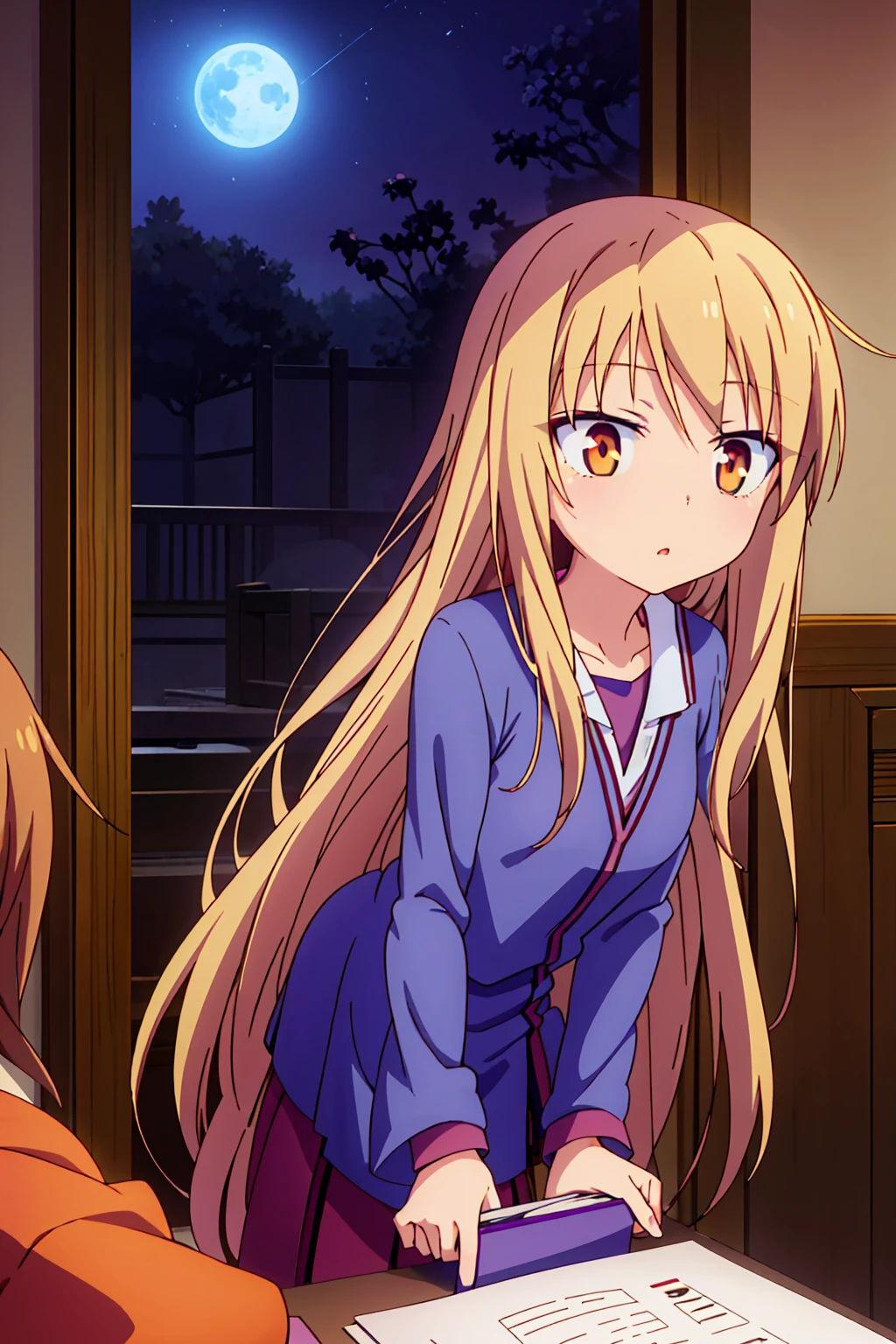 Teenage anime girl, Shiina Mashiro, Mashiro, Sakurasou anime, long blonde hair, orange eyes, expressionless, , witch outfit, magic book, Wooden room, Pictures, posters