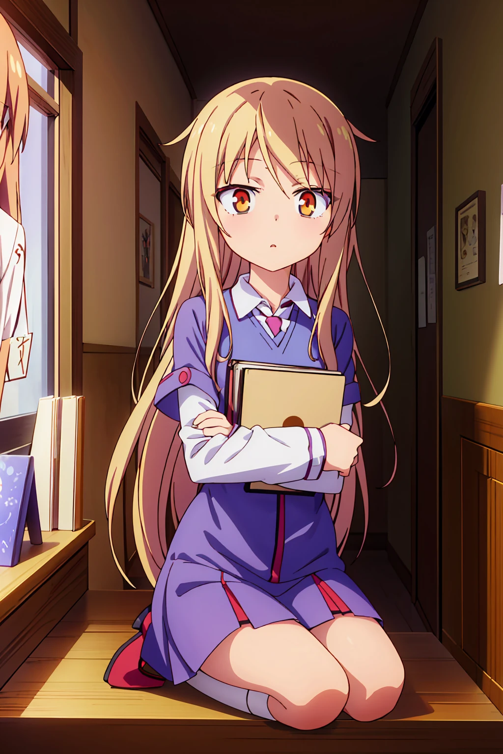 Teenage anime girl, Shiina Mashiro, Mashiro, Sakurasou anime, long blonde hair, orange eyes, expressionless, , witch outfit, magic book, Wooden room, Pictures, posters