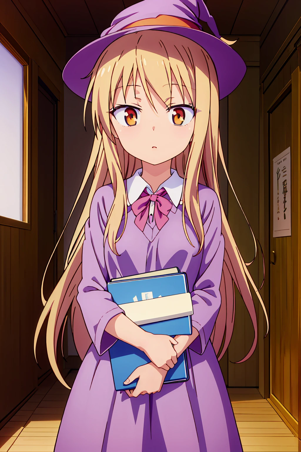 Teenage anime girl, Shiina Mashiro, Mashiro, Sakurasou anime, long blonde hair, orange eyes, expressionless, , witch outfit, magic book, Wooden room, Pictures, posters