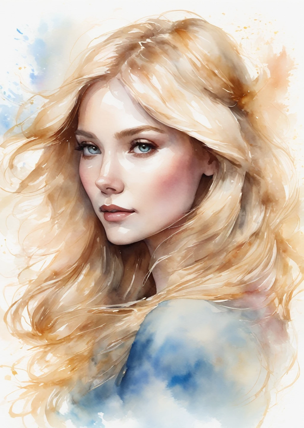 Create a delicate watercolor-style portrait illustration of a blonde woman with flowing hair, conveying a graceful and dreamy mood
