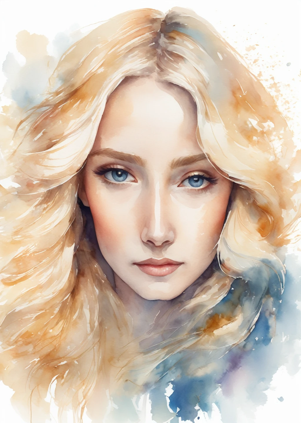 Create a delicate watercolor-style portrait illustration of a blonde woman with flowing hair, conveying a graceful and dreamy mood