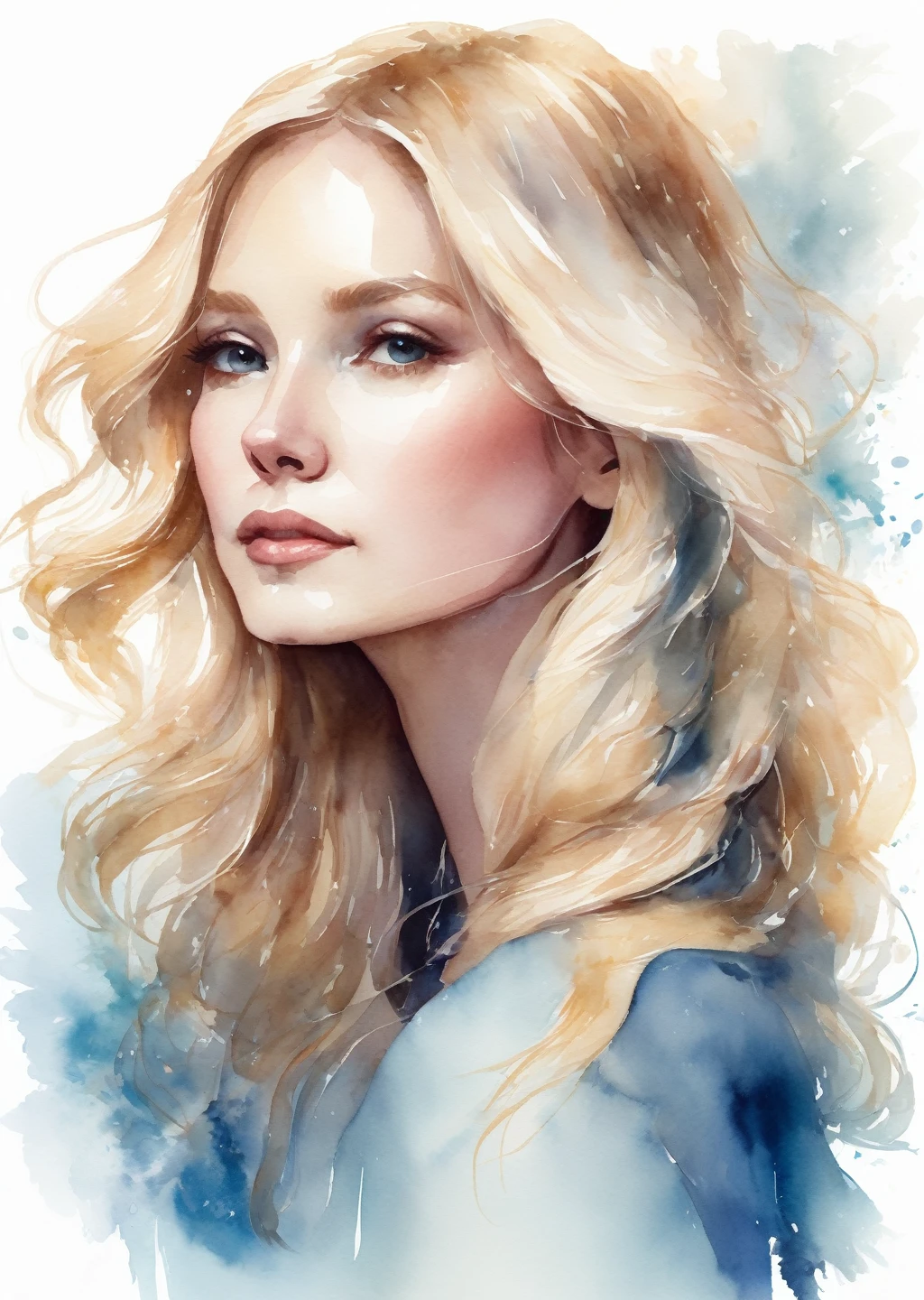 Create a delicate watercolor-style portrait illustration of a blonde woman with flowing hair, conveying a graceful and dreamy mood