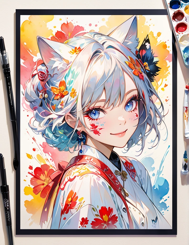 colorful style, digital art (cat personality), official art, front, Smile, masterpiece, fair, ((watercolor)), face painting, ink splatter, intricate details. Eyes are very delicate, [drop:0.5], Artstation trends, Rachel Walker
