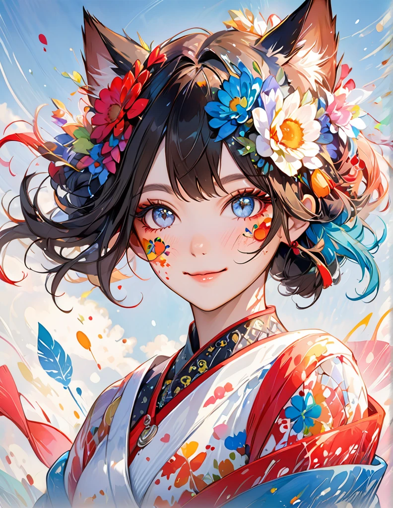 colorful style, digital art (cat personality), official art, front, Smile, masterpiece, fair, ((watercolor)), face painting, ink splatter, intricate details. Eyes are very delicate, [drop:0.5], Artstation trends, Rachel Walker