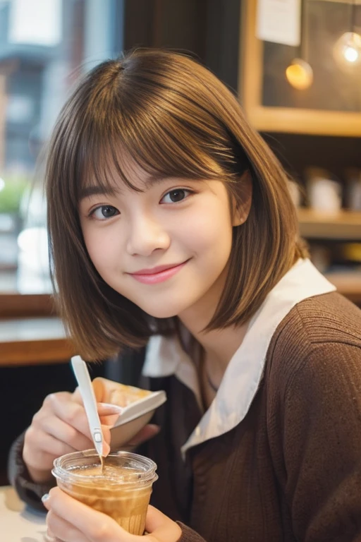 ((最high quality, 8K, masterpiece: 1.3)), perfect face,Inside a stylish cafe in New York、A scene in which a beautiful model-like woman with big breasts is drinking a latte and studying on a laptop.,everything around you, I see other customers enjoying themselves.。At the back of the cafe、Staff are busy working at the counter.、You can feel the vibrancy and warmth of a city cafe.., sharp focus, 1 girl, sexy 1.2, brown hair, With bangs, (layered short hair), (big: 1.5), fine eyes, Beautiful eyes with slit length, double eyelid, (cat face), (cute Face), cute Smile, (close your mouth), (cute), soft skin, show the whole body, surreal, Super detailed, high quality, (Beautiful female college student with short hair studying in a cafe), ((Detailed very cute college girl), ((big胸 It can be seen even through clothes)),A look that looks at your boyfriend