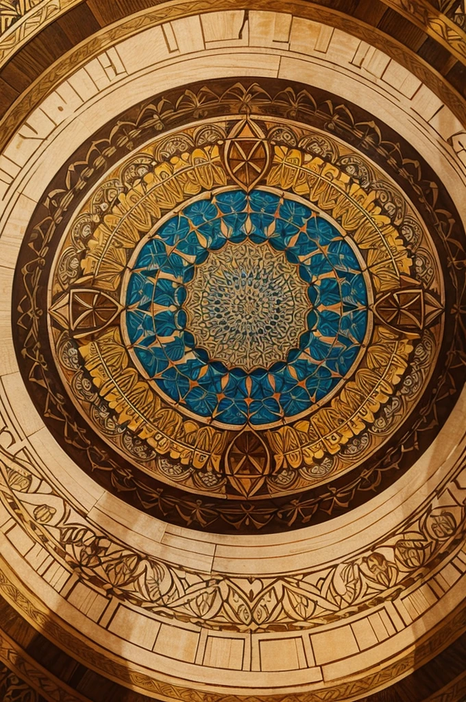 "An intricately detailed geometric mandala design, featuring layers of shapes and patterns in a circular arrangement. The lines are crisp and clean, with a mix of bold and subtle color accents."