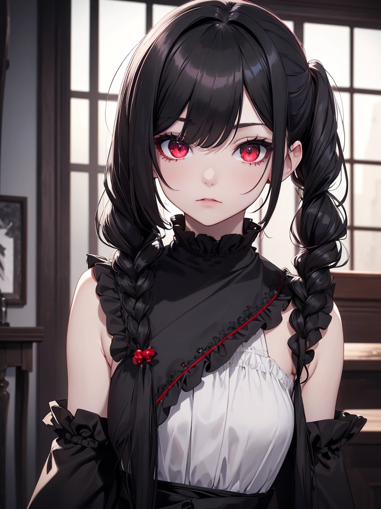 (8K, Best Quality, Masterpiece, Ultra High Resolution) 1 Young Girl, , Beautiful Eyes, Face Details, Black Hair, Pigtail Braids, Hair Bangs, Red Eyes, Pale Skin, Vampire, Blood Dripping from Lip, Short Formal Dress, Cute Black Dress, Dimly Lit Japanese House, Masterpiece, Best Quality, Upper Body, Looking at the Viewer, Close Up