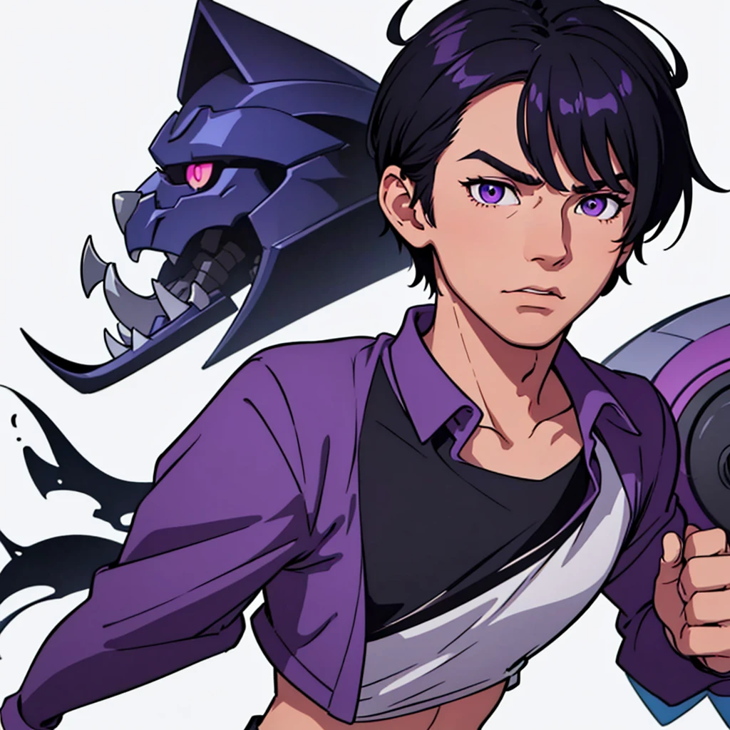 looking straight, looking forward, looking into camera, looking straight, full face visible, full view of face, short black hair, highres, high resolution, masterpiece, wide purple eyes, talking, neutral face, confident, masterpiece, best quality, highres, 1 man, 1 person, Baro Shoei blue lock, extremely short hair, black hair, short hair, ager, colorful hair, black shirt, light background, full body, teen, colorful parts, symbols, dark , bold, realistic mixing dark lines and loose lines, bold lines, on paper, human man, full body, imposing pose, stylish outfit, dark theme, handsome, attractive, boastful, standing, male, sharp chin, wide jaw, square face, white background, highres, high resolution, masterpiece, completely white background, nothing other than character, nothing other than figure, face centered, face focused, face only