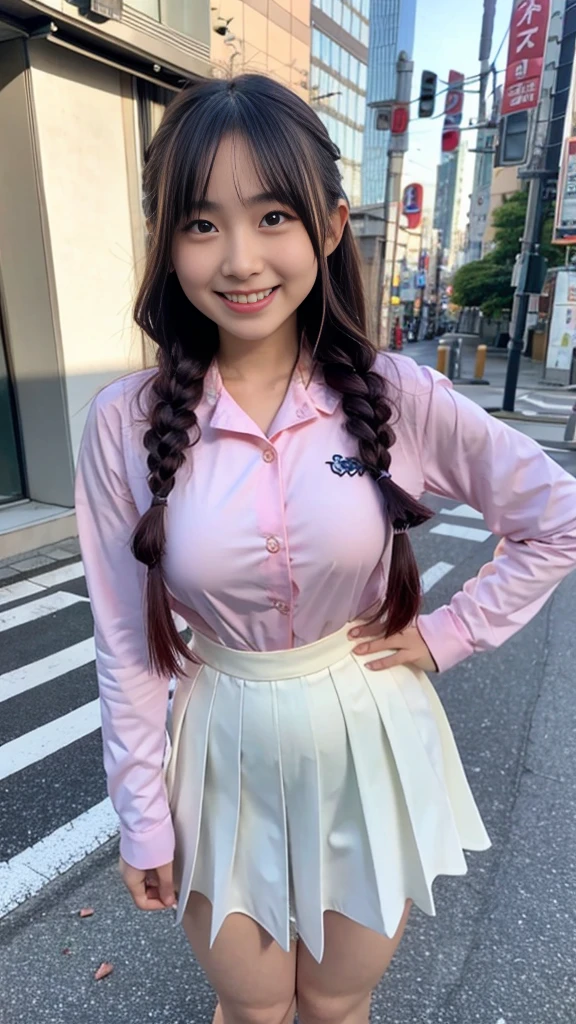Raw photo、Ultra-realistic、Ultra detailed face、Detail lips、Detailed eyes、High school girl smiling showing her teeth、Long Hair:1.1、chest、Visible curves、Laughing with your mouth open 、Tokyo city角、 Whole body、( Slender body)、(Long Hair)、Big Breasts、Idol、(pastel colour)、18-year-old、Small face、Braid、 Tokyo city、Long beautiful legs 1.2、Curved waist、flower、uniform