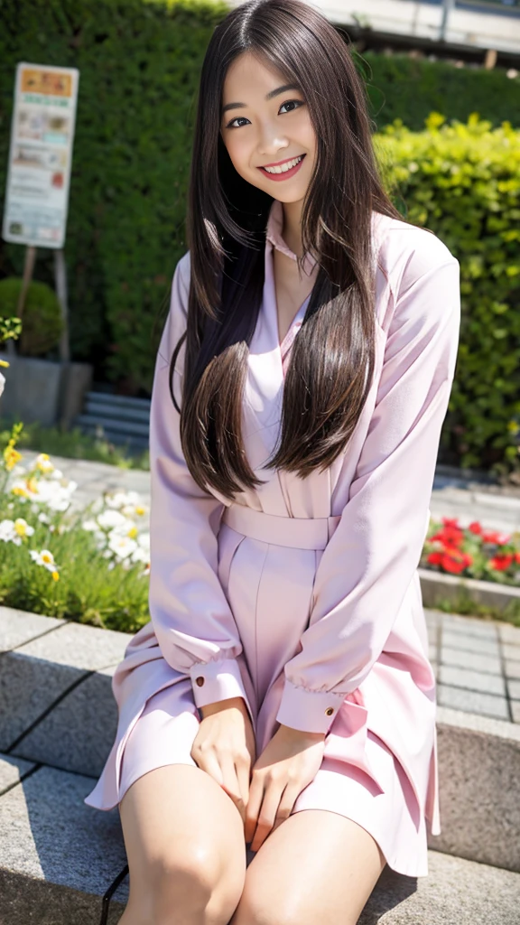 Raw photo、Ultra-realistic、Ultra detailed face、Detail lips、Detailed eyes、High school girl smiling showing her teeth、Long Hair:1.1、chest、Visible curves、Laughing with your mouth open 、Tokyo city角、 Whole body、( Slender body)、(Long Hair)、Big Breasts、Idol、(pastel colour)、18-year-old、Small face、Braid、 Tokyo city、Long beautiful legs 1.2、Curved waist、flower、uniform