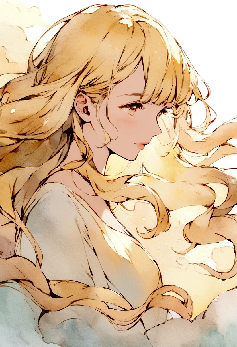 Create a delicate watercolor-style portrait illustration of a blonde woman with flowing hair, conveying a graceful and dreamy mood