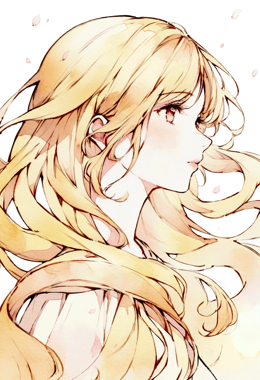 Create a delicate watercolor-style portrait illustration of a blonde woman with flowing hair, conveying a graceful and dreamy mood