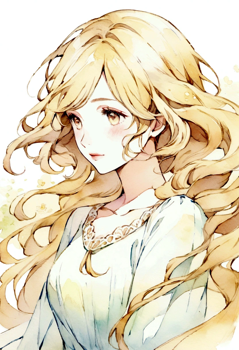 Create a delicate watercolor-style portrait illustration of a blonde woman with flowing hair, conveying a graceful and dreamy mood