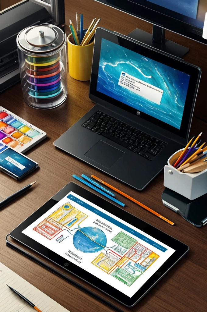 A combination of pencils and watercolors showing a computer connected to a world full of dangers and digital protections. This symbolizes navigation in the digital world.