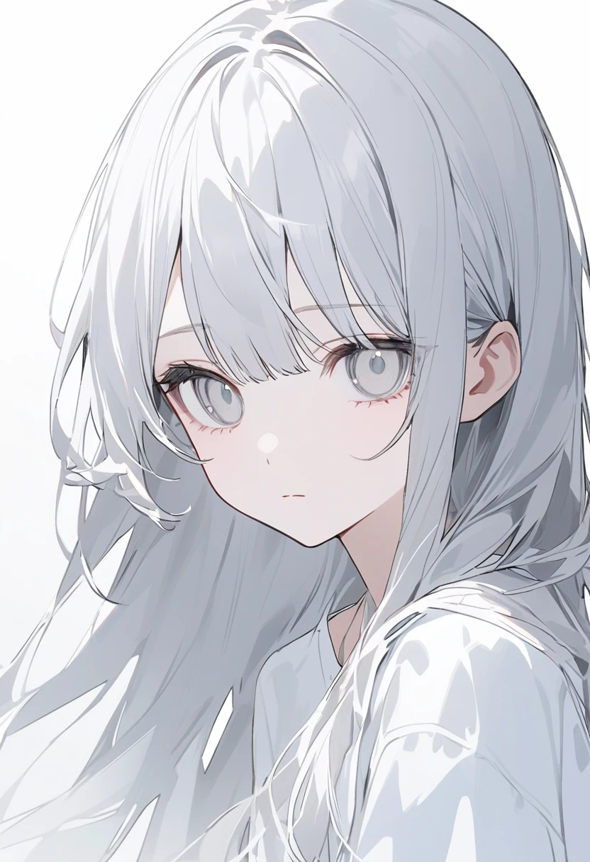 blank paper、Girl、Gray Hair、Long Hair、White eye color、All eyes are white、全体的に白いGirl、白いGirl、White background、白のGirl、White Room、blank paperのGirl、Emotionless、Expressionless、eyes white、Emotionless