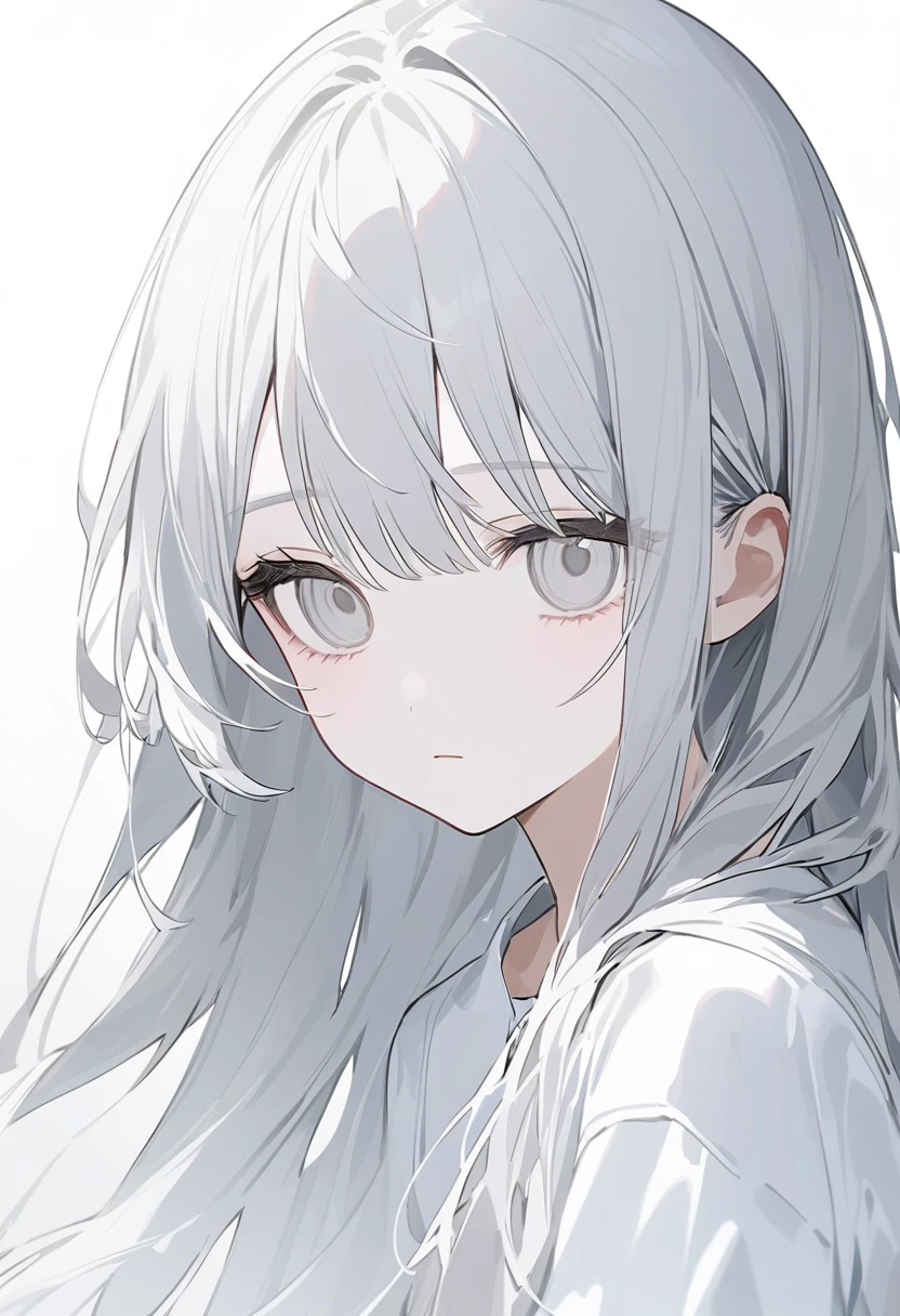 blank paper、Girl、Gray Hair、Long Hair、White eye color、All eyes are white、全体的に白いGirl、白いGirl、White background、白のGirl、White Room、blank paperのGirl、Emotionless、Expressionless、eyes white、Emotionless
