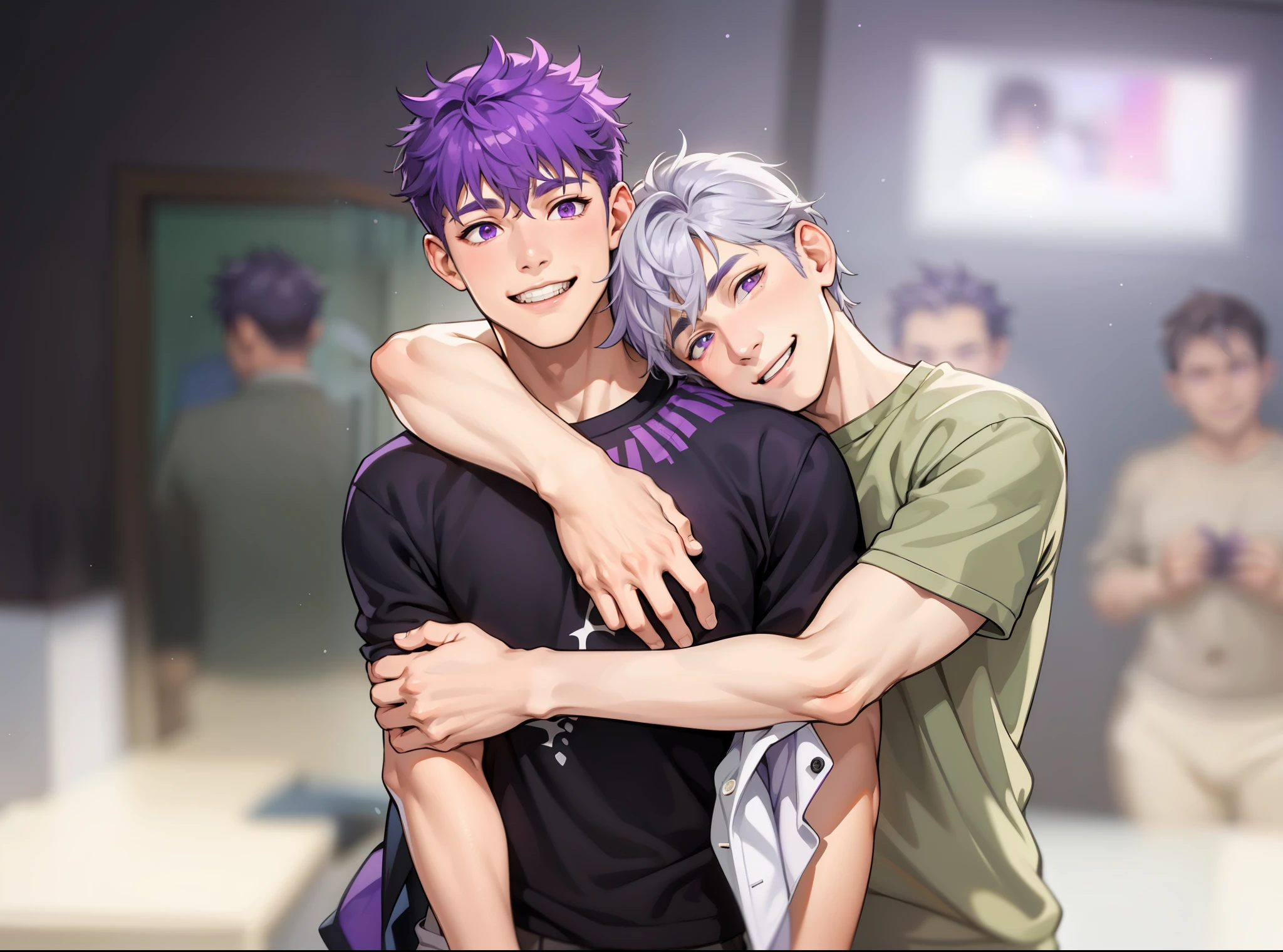 There are two 16-year-old male boys with purple hair and gray hair., purple eyes and gray eyes hug him and smile lovingly