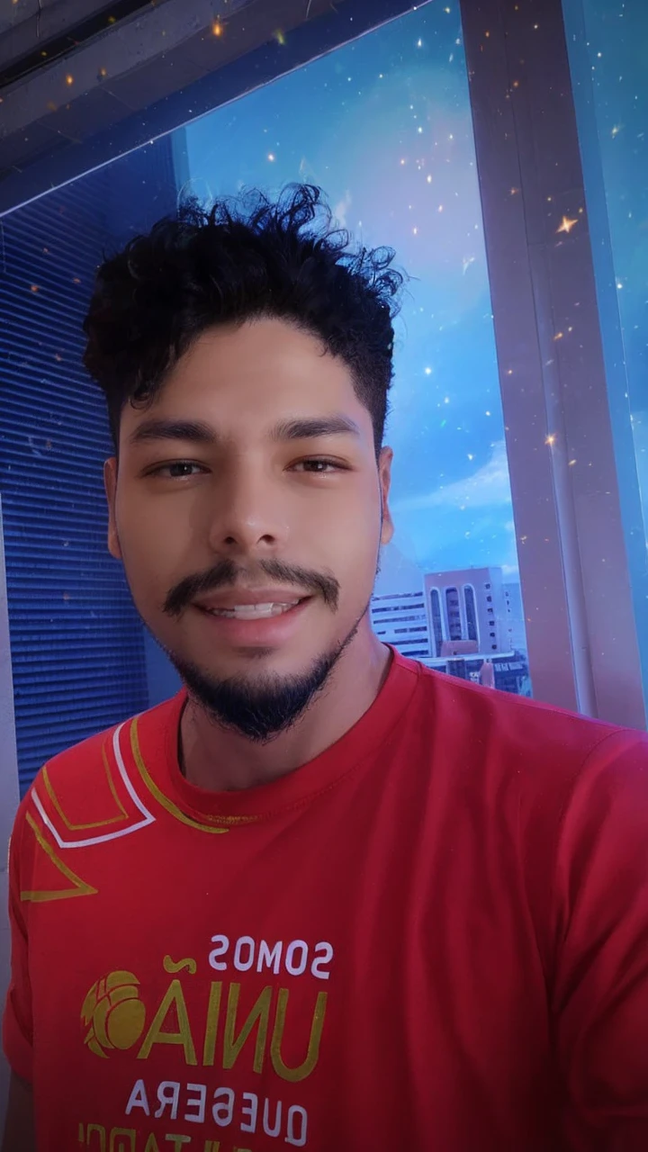 ultra hd painting, high qualiy, very detailled, and with volumetric light, Young man with latin appearance, poses for a photo with a beautiful smile, stylish and well-defined hair, wear futuristic clothes like cyberpunk, blue sky in the background with subtle transparent stars and planets in the sky,
