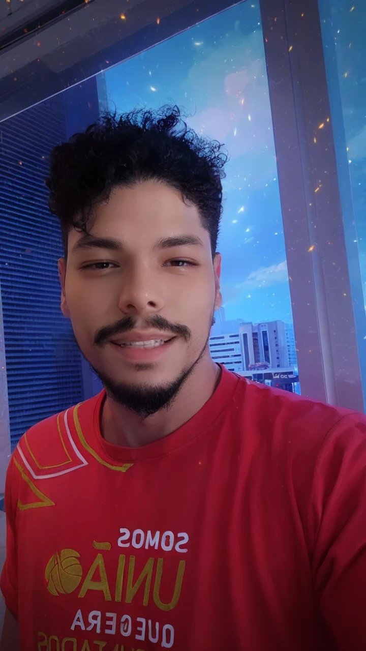 ultra hd painting, high qualiy, very detailled, and with volumetric light, Young man with latin appearance, poses for a photo with a beautiful smile, stylish and well-defined hair, wear futuristic clothes like cyberpunk, blue sky in the background with subtle transparent stars and planets in the sky,