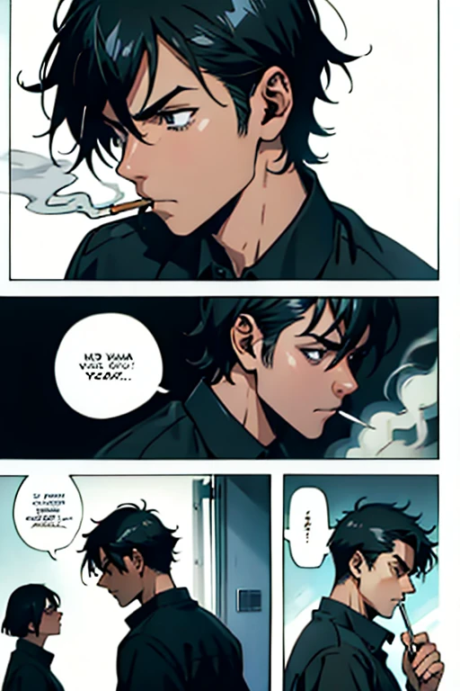 Guy with short black hair mad and smoking, manga page with panels and dialogue  