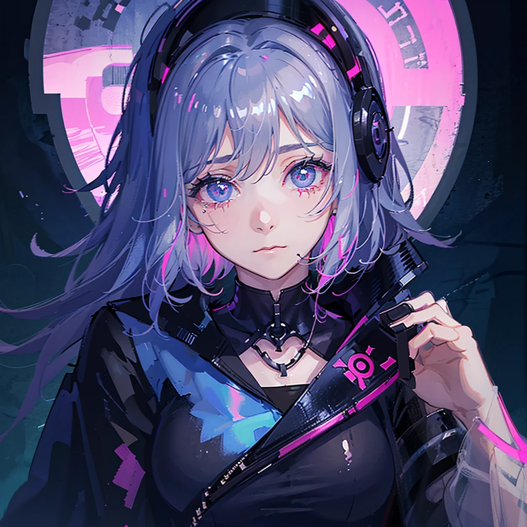 "Create a highly detailed, dark, and disturbing scene featuring a young woman with long, disheveled hair, partially covering her face. She should have a distressed, vacant expression, with wide, bloodshot eyes and visible tears and bloodstains running down her face In front of her face, she holds a large syringe vertically, filled with a bright pink liquid and blue lights, creating a strong contrast and a cyberpunk aesthetic. overall should be highly detailed and realistic, with an emphasis on disturbing and macabre elements, combined with surreal and cyberpunk touches."