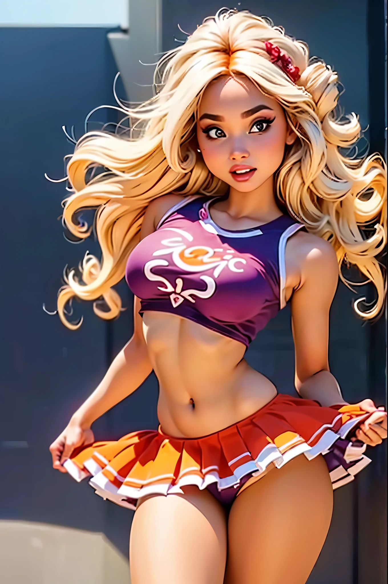 (Masterpiece, Professional lighting, 16k, 8k wallpaper, raw photo, photorealistic:1.8, ultra detailed, , 16 mm lens, (Masterpiece, Professional lighting, 16k, 8k wallpaper, raw photo, photorealistic:1.8, ultra detailed, slightly wide angle lens, natural lighting, detailed skin, detailed joyous face, detailed eyes, 1 beautiful happy multiracial female model doing a photoshoot as a cheerleader, cheerleader, cheerleader outfit, cheer squad leader during a game, full body image , medium length skirt, long curly blond hair with bangs, hazel eyes, cheering:1.3, sexy cheer skirt, sexy top, team colors are orange and light blue, photo from back left, she looks into lens