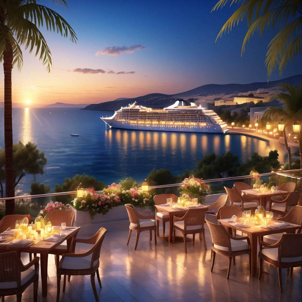 Cruise ship arrives at Greek port.It is a comfortable and relaxing resort...Gorgeous and elegant mansion hotel.The modern and beautiful city with a distant view is a famous holiday destination.Beautiful beach with sea views.Outdoor swimming pool.Cool glasses filled with iced carbonated drinks and delicate fruits on the table, The lights are dazzling at night, Sea view in the distance, Palm and coconut groves in the distance, Romantic and beautiful environment, optimistic matte, Beautiful digital artwork, Cozy café, Beautiful and detailed scenes, Relaxation concept art, 8k high quality detailed art, 4k highly detailed digital art, Highly detailed scenes(night scene.warm light)(best quality,4K,8k,high resolution,masterpiece:1.2),Super detailed,(actual,photoactual,photo-actual:1.37),bokeh background, and text the successful life