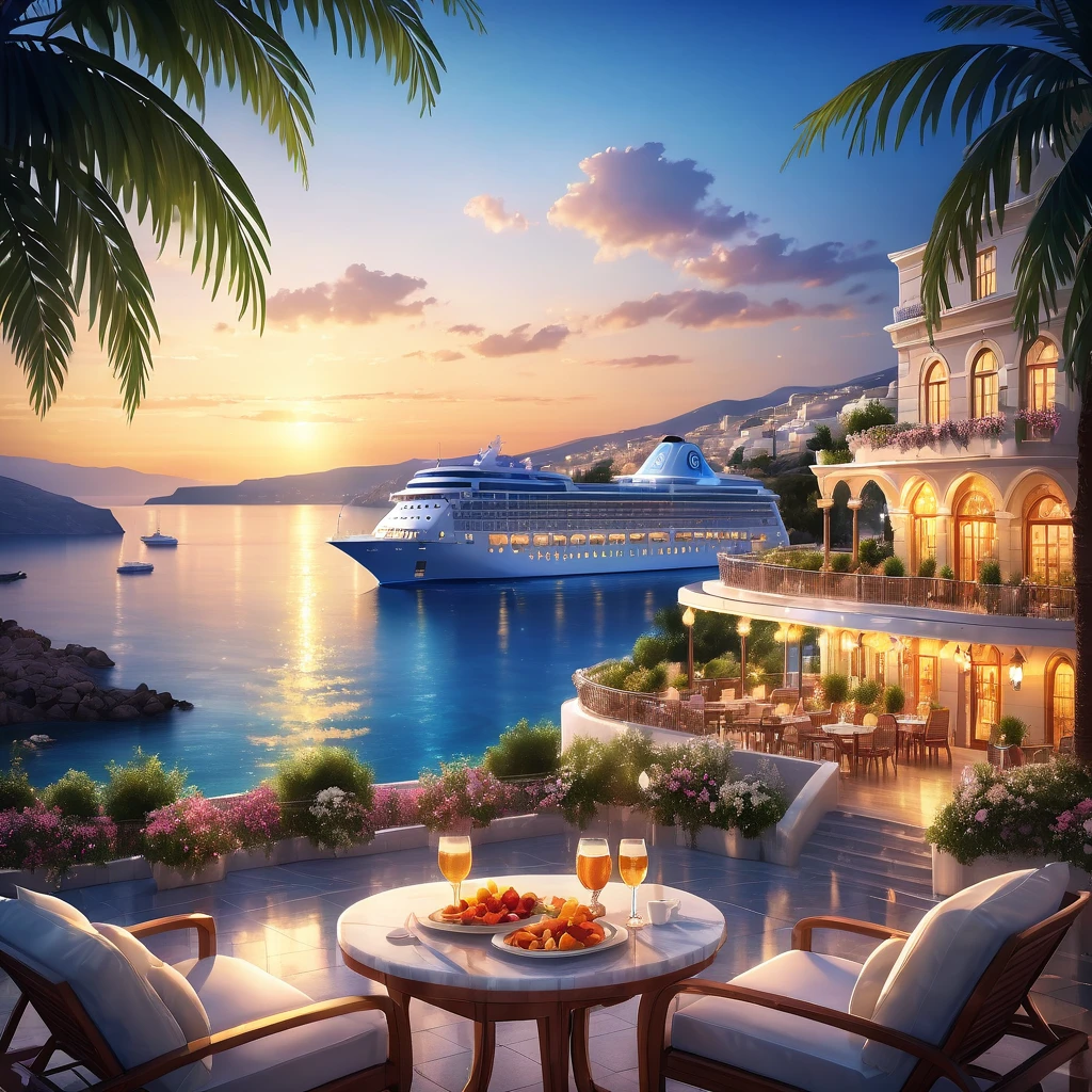 Cruise ship arrives at Greek port.It is a comfortable and relaxing resort...Gorgeous and elegant mansion hotel.The modern and beautiful city with a distant view is a famous holiday destination.Beautiful beach with sea views.Outdoor swimming pool.Cool glasses filled with iced carbonated drinks and delicate fruits on the table, The lights are dazzling at night, Sea view in the distance, Palm and coconut groves in the distance, Romantic and beautiful environment, optimistic matte, Beautiful digital artwork, Cozy café, Beautiful and detailed scenes, Relaxation concept art, 8k high quality detailed art, 4k highly detailed digital art, Highly detailed scenes(night scene.warm light)(best quality,4K,8k,high resolution,masterpiece:1.2),Super detailed,(actual,photoactual,photo-actual:1.37),bokeh background, and text the successful life