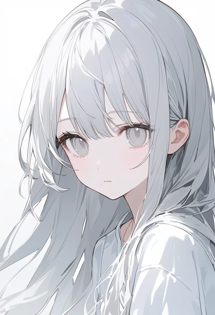 blank paper、Girl、Gray Hair、Long Hair、White eye color、All eyes are white、全体的に白いGirl、白いGirl、White background、白のGirl、White Room、blank paperのGirl、Emotionless、Expressionless、eyes white、Emotionless