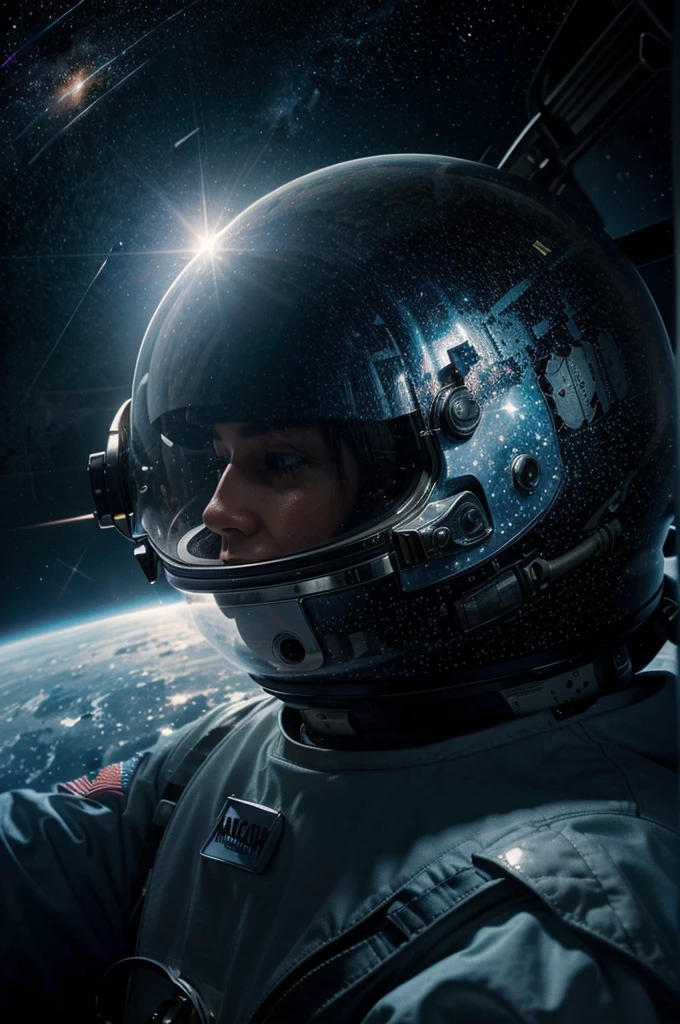 "A detailed illustration of an astronaut floating in space, surrounded by stars, planets, and cosmic dust. The astronaut’s suit is meticulously drawn, with reflections of the galaxy in the visor."